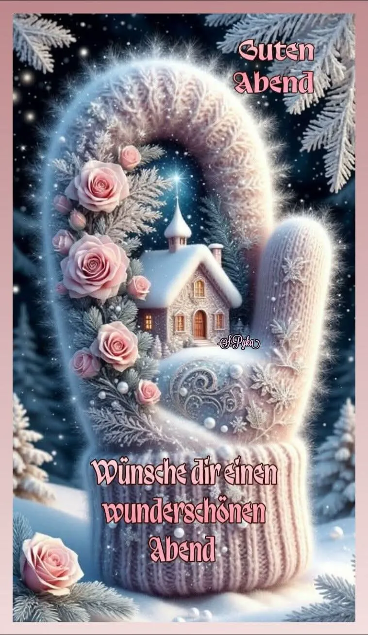 Ein winterliches Motiv mit einem Handschuh, einer Kirche und rosa Rosen, umgeben von Schnee und Tannen